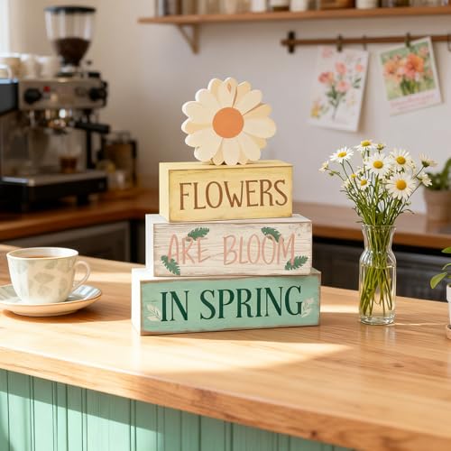 Spring Decoration Wooden Tiered Tray Decor – Daisy Flower Spring Stacked Block Sign – Farmhouse Tabletop Floral Spring Decor for Shelf Mantel Seasonal Home Display - style: Flower