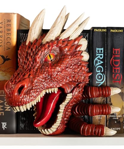 Dragon Bookend | Pops Off Your Shelf | Solid Build | Use Between Books or on a Bookshelf End or Book Nook | Fantasy Dragon Decor | Gothic Medieval Shelves Booknook Bookends (Crimson Red) - color: Crimson Red