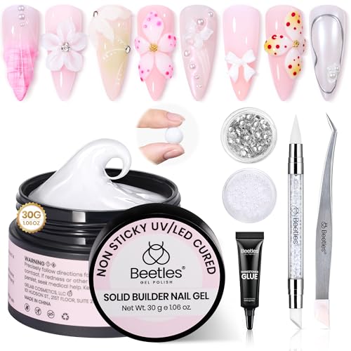 Beetles 3D Gel Nail Art-Snowy Cone 5 in 1 Non-Sticky Hand Extension with Rhinestones & Pearls & Glue Double-Head Pen for Women DIY Salon,White Solid Builder Nail Gel, UV&LED Lamp Cured Needed - color: B1-White Solid Builder Nail Gel