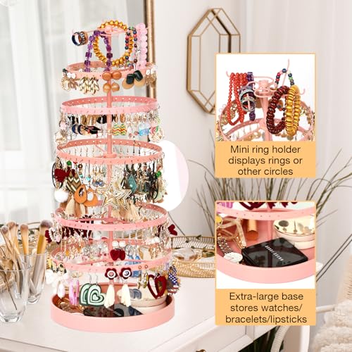 17Dec 6 Tier Rotating Jewelry Organizer Stand, 230 Holes Earring Holder Organizer for Women Girls, Spinning Earring Tree with Ring Holder, Wide Base for Bracelets Watches Lipstick - color: Metal,6-Tier,Pink