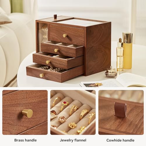 CHOSIN Black Walnut Wooden Jewelry Box for Women Classical Solid Wood 4-Layer Jewelry Organizer Double Sided Visibility Necklace Storage Layer Watch Necklace Ring Earring Mothers Day Gifts for Mom - style: 4 Layer C