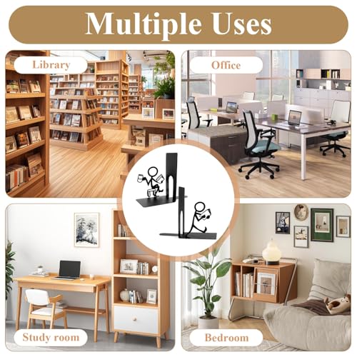 2 Pcs Metal Book Ends, Black Decorative Bookends for Shelves, Heavy Duty Non-Skid Bookend Unique Book Holder Stopper for Heavy Book Support Storage, Home Office School Library Desk Shelf Use