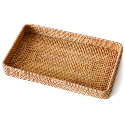 Wicker Storage Basket, Rattan Tray Rectangular for Bathroom Living Room, Decorative Serving Woven Trays Wicker Baskets for Organizing, Woven Seagrass Tray for Storage Home Decor L(14.6" × 9.1") - style: M (14.6" × 9.1")