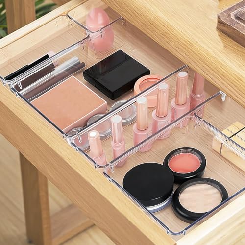 StorMiracle 16 PCS Drawer Organizer Set, 5 Varied Size Bathroom and kitchen Drawer cabinet organizer Trays, Clear Storage Bins for Makeup, Jewelry, Utensils and Gadgets - color: Clear, size: 16 PCS