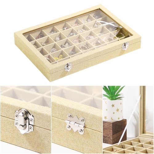 Coward Ring Earring Jewelry Organizer Box, 35 Grids Dustproof Display Holder Case, Yellow Linen Velvet Jewelry Bead Display Tray Case with Transparent Glass Lid for Momen Girls - color: Yellow Linen, size: 35Grids Box