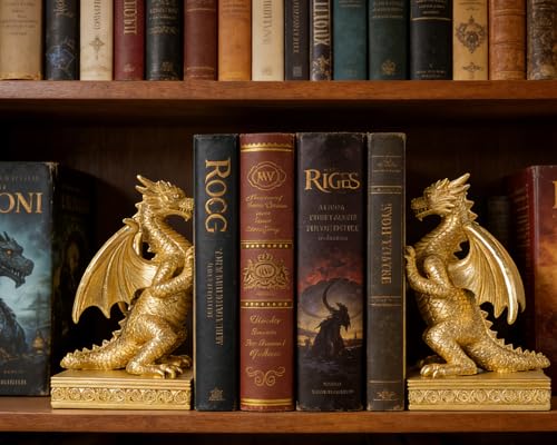 Dragon Statue Decorative Bookends for Shelves, Regal Gold Dragon Statue Home Office Decoration, Fantasy Dragon Figurine Enthusiasts Gifts - color: Regal Gold