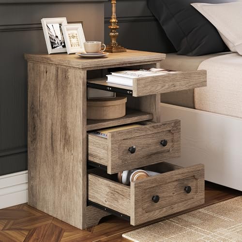 LIKIMIO Night Stand, Modern Bedside Table with 2 Drawers, Open Shelf, End Table with Pull-Out Tray, Wood SideTable, Grey Oak - color: Grey Oak