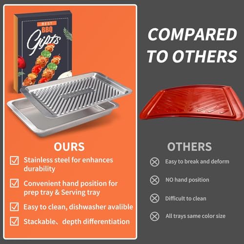 Grilling Prep and Serve Trays, Set of 2 Stackable Stainless Steel BBQ Trays, Deep Marinating Container, Serving Platter for Plating Food, BBQ Prep Tub for Marinating Meats, Grill Accessories - style: Deep Prep Trays