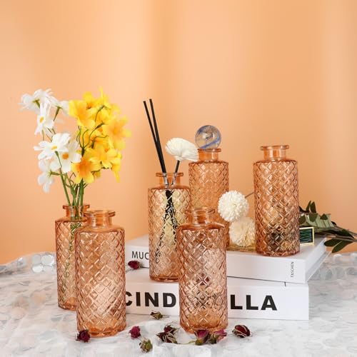 Glass Bud Vase, Flower Bottle, Small Vase, 6 Sets, Simple, Solid, for Mum or Lady, Classy Gift for Mother's Day, Anniversary, Wedding, Amber - color: Amber