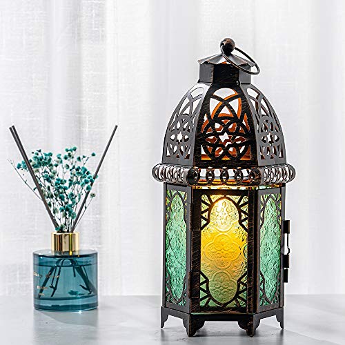 Vintage Candle Lantern, 12.8’’ Moroccan Style Decorative Metal Hanging&Tabletop Lantern, Ramadan Christmas Candle Holder Decorations for Home Outdoor Patio (Green) - color: Green - 12.8''h, size: Large