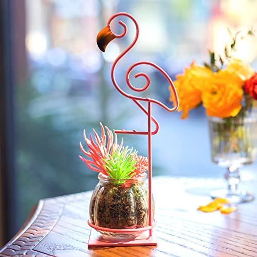 Desktop Glass Planter Vase Holder, esktop Glass Planter Hydroponics Vase，Metal Flamingo Plant Terrarium， Stand for Plants Creative Decorations for Home Patio Lawn Garden - color: Pink Flamingo