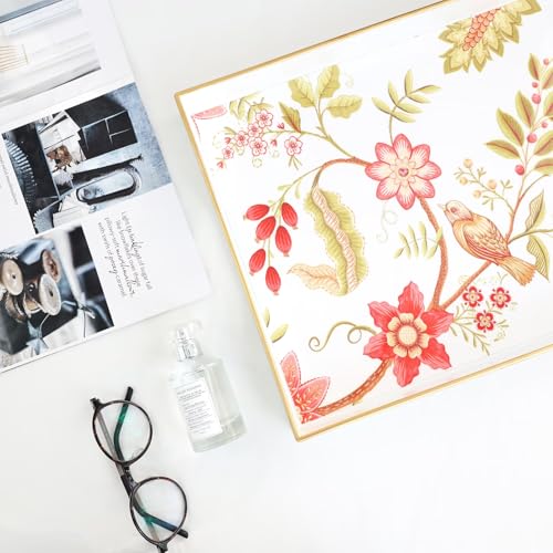 Spsyrine Decorative Serving Tray with Handles, White Lacquered Coffee Table Tray for Ottoman, Rectangle Waterproof Platters for Centerpieces, Parties, Living Room, Kitchen Counter Organization - color: White-bird, size: 16" x 12" x 1.6"