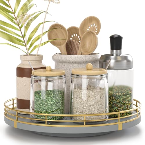 9" Wooden Lazy Susan Turntable for Cabinet – Rotating Spice Rack Organizer, Small Gray Kitchen Countertop Tray for Dining Table & Pantry Storage - color: Gray & Gold, size: 9