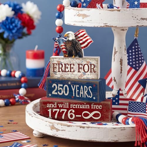 CroBlissful 4 Pcs 250th Anniversary 4th of July Decorations Patriotic Memorial Day Tabletop Decorations America Eagle Red White Blue Table Centerpieces USA Sign for Office Tiered Tray Home Shelf - style: 250 Years