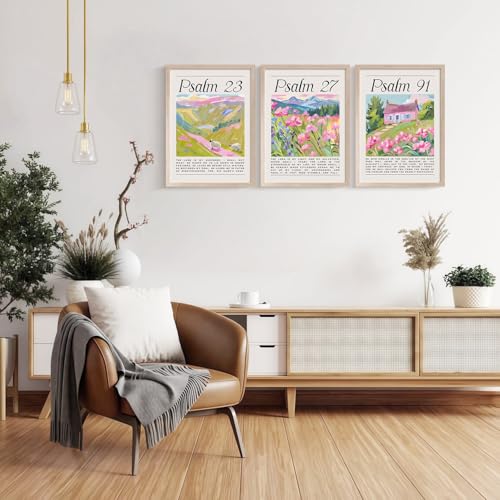 MochaMilly Psalm 23, 27, 91 Bible Print Pink Christian Wall Art Bible Verse Canvas Poster Floral Wall Decor Religious Picture Girls Room Print Bible Poster Set Fashion Preppy Style Bedroom Painting Framed - color: Psalms 23, 27, 91 Scripture Prints, size: