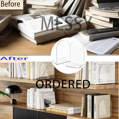 Lulonpon 6 Pieces Book Ends, Bookends, Books End for Shelves, Books End for Heavy Books, Clear Bookends, Acrylic Book Ends for School, Library,Desktop Organizer and Book Shelves - color: Clear
