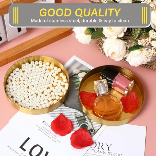 2 Pack Round Gold Trays Small Brass Tray Round Metal Candle Dish Stainless Steel Jewelry, Make Up, Candle Plate Decorative Tray for Bathroom Kitchen Dinning Coffee Table Decoration,4.9 Inch