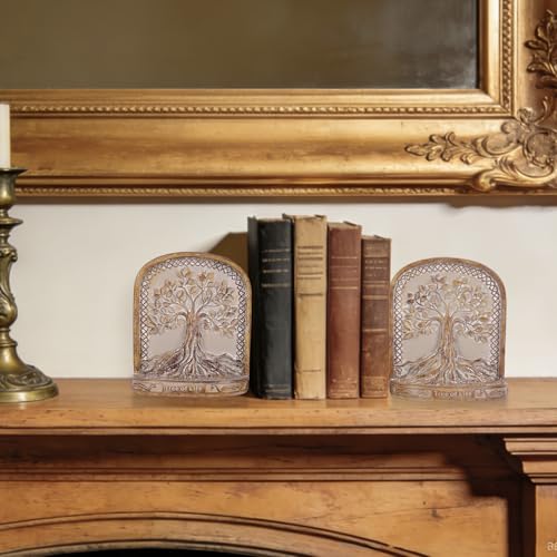 Tree of Life Bookends, Wood Color 2 Non-Skid Heavy Decorative Bookends for Shelves Or Bookcase, Elegant Bookends for Library Office Decor, Home Décor Gift - color: Wood Color