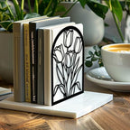 Peacoblue Metal Bookends for Shelves, Modern Decorative Heavy Duty Study Book Ends Stoppers for Office, Desk, Shelf, Room 5.3"x4.3"x7.9" Cast Iron Simple Tall Bookends 1 Pair (Tulips) - style: Tulips