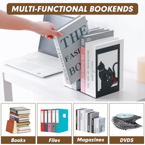 Aertiavty 2 Pcs Square Bookends for Shelves, Heavy-Duty Morden Cat Book Ends, Non-Skid Metal Bookends, 1 Pair Large Decorative Book Holder for Home and Office, Black Book Stopper, Heart Cat - style: Heart Cat