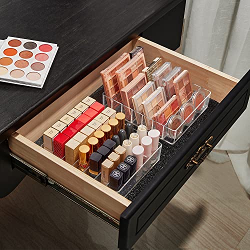 WECHENG Clear Acrylic Makeup Organizer for Eyeshadow Palette and Lipstick Organizer, 7 Slots Divided Makeup Palette Organizer for Vanity Countertop Drawer Cosmetics Storage(Closed-Sided Design)