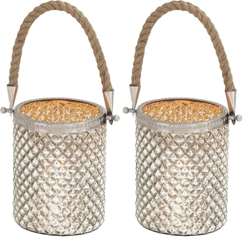 Deco 79 Glass Handmade Indoor Outdoor Candle Lantern Decorative Lantern Candle Holder with Rope Handle, Lantern 5" x 5" x 13", Silver (Pack of 2) - size: 5" by 13" (Pack of 2)