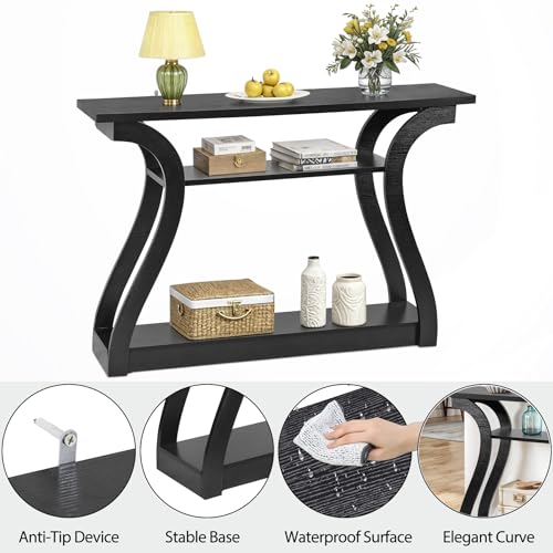 SUPER DEAL Wood Console Table 3 Tier Narrow Entryway Table with Curved Frame and 2 Open Storage Shelves Accent Sofa Table for Hallway Living Room Bedroom, 47 in Black - color: Black