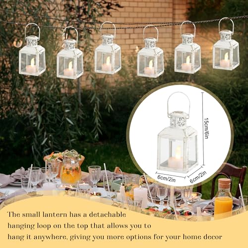 TRIROCKS 6 Pcs Small Metal Candle Lanterns Vintage Hanging House Tealight Lantern Decorative Candle Tea Light Holders for Table Valentine Patio Indoor Outdoor Gifts(White with Gold Brush) - color: White