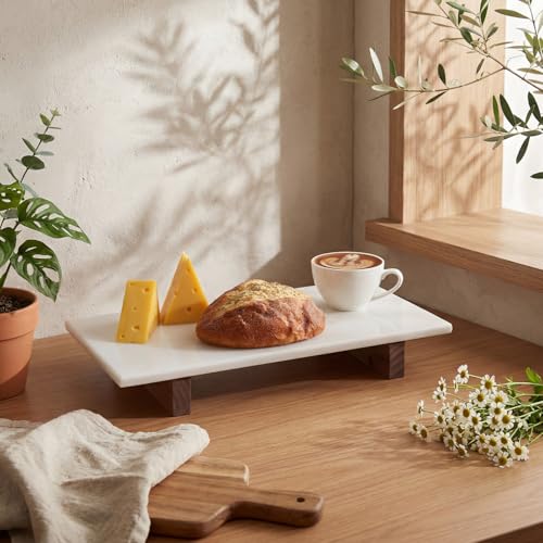 Marble Charcuterie Board Display White Cheese Cutting Footed Stand Tray with Wooden Feet 15.75"L x 8" W x 2.5" H for Vanity, Kitchen and Serving, or as a Gatherings Elegant Cheese Board Gift