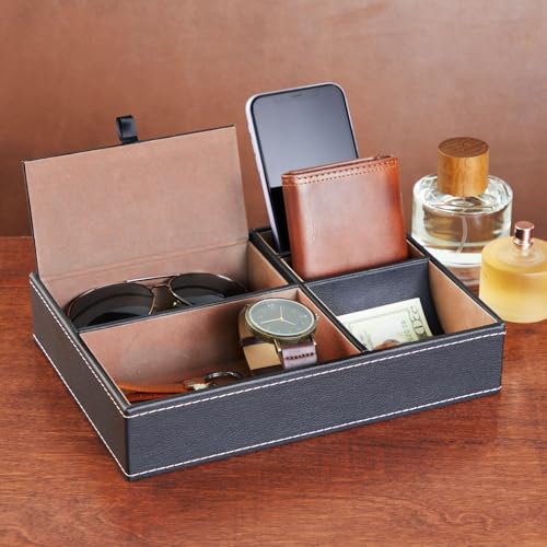 Juvale Mens Jewelry & Valet Tray Organizer - 10 x 7.3 x 2 in Black PU Leather - 5 Compartments Flip-Top Lid - Wallet, Key & Watch Organizer Tray - Catchall for Men