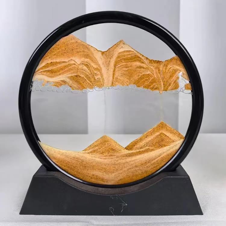 Moving Sand Art Liquid Motion, 3D Deep Sea Sandscape Color Quicksand Decor, Round Glass Moving Sand Art Picture Relaxing Desktop Home Office Work Decor (7 inch-Yellow) - color: Yellow, size: 7 inch