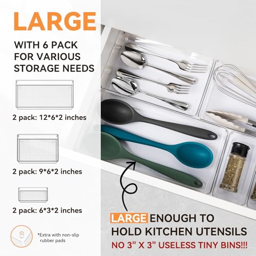 6 Pack Large Clear Plastic Drawer Organizer Trays, Acrylic Kitchen Drawer Organization and Storage Dividers, Non-Slip Storage Bins for Makeup, Kitchen Utensils, Bathroom, Jewelries and Office Desk - size: 6 Pack
