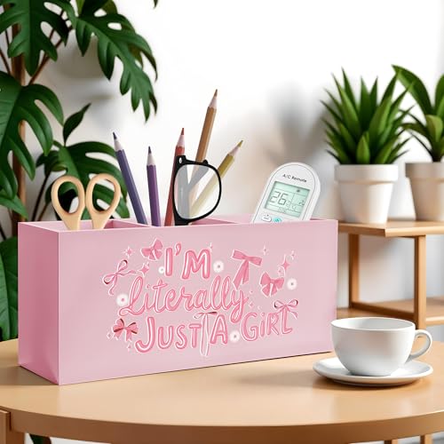 I'm Literally Just A Girl Makeup Brush Toothbrush Holder, Trendy Pink Coquette Bow Wooden Pen Pencil Holder Organizer for Dorm Bedroom Desk Accessories, Back to School Gifts for Girls - color: Color-Desk accessories pink 17