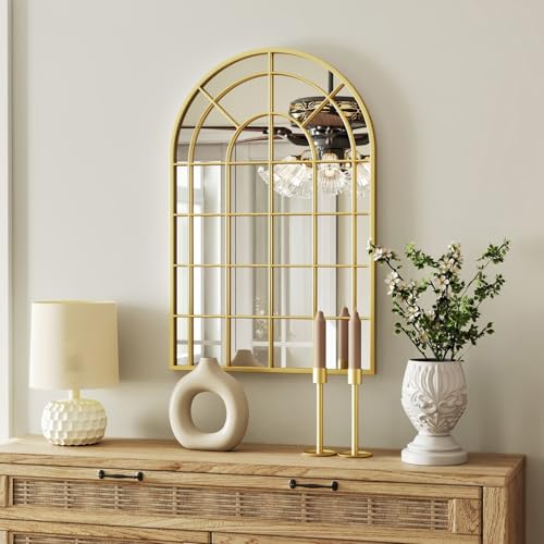 Arched Gold Wall Mirror - 24"x36" Arch Window Pane Mirror for Wall Decor, Gold Metal Framed Decorative Mirrors for Entryway, Living Room, Dining Room, Bedroom, Fireplace - color: Gold 02- Window Pane