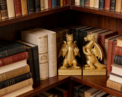 Dragon Statue Decorative Bookends for Shelves, Regal Gold Dragon Statue Home Office Decoration, Fantasy Dragon Figurine Enthusiasts Gifts - color: Regal Gold