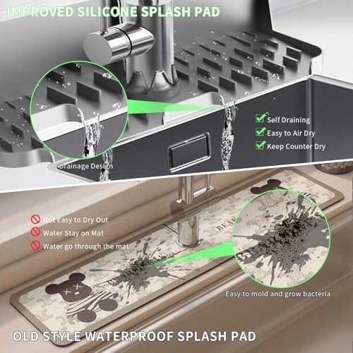 LVJING 17” x 5.5” Silicone Faucet Handle Drip Catcher Tray Mat, Silicone Faucet Mat Dish Soap Sponge Holder for Kitchen Sink, Drying Mat for Kitchen Counter Bathroom Kitchen Sink Splash Guard - Grey - size: 17” Grey