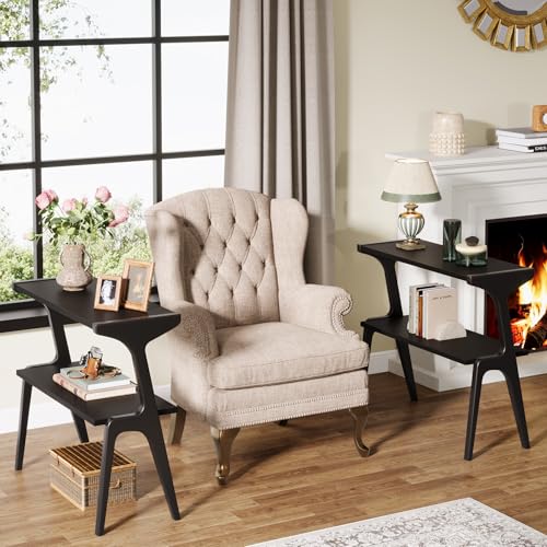 Tribesigns Solid Wood End Table, Modern Side Table for Couch, 2-Tier Narrow Tall End Table, Long Bedside Table for Living Room, Bedroom, Black - color: Black