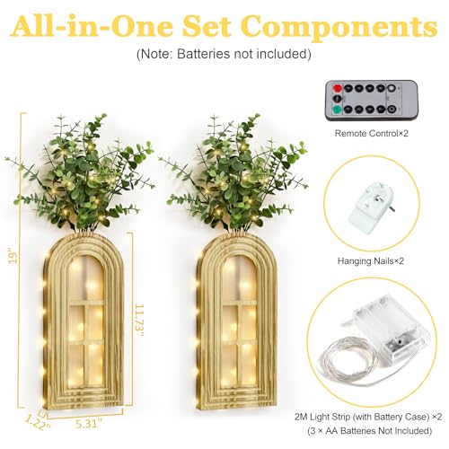 HOMECOR Hanging Wooden Vase Wall Decor - Brown Finish Boho & Modern Farmhouse Decor with Fairy Lights & Artificial Plants, Wall Art for Living Room, Bedroom, Bathroom Home Decor - style: Eucalyptus - Wall Decor