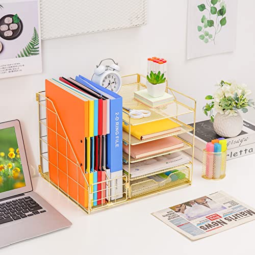Marbrasse Rose Gold Desk Organizer with File Holder, 5-Tier Paper Letter Tray Organizer with Drawer and 2 Pen Holder, Mesh Desktop Organizer and Storage with Magazine Holder for Office Supplies - color: Gold