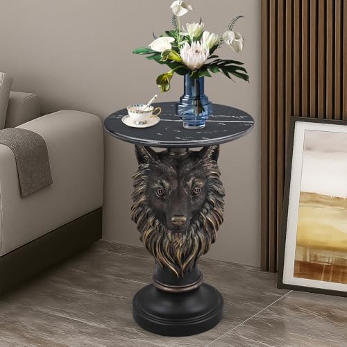 Bronze Wolf Side Table,Realistic Animal Head End Table with Marble Look Top,25" Tall Resin Furniture for Man Cave, Game Room, Unique Gift for Hunters & Men - color: Majestic Wolf Base