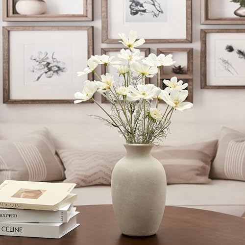 Ceramic Rustic Flower Vase, 8.38 Inch Vintage Pottery Home Decor, Farmhouse Terracotta Vase for Living Room, Table, Shelf, Mantel Decoration, Farmhouse - Off-White - color: Off-white- 8.38"