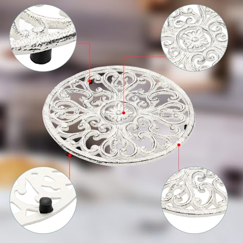 Sumnacon 2Pcs Round Cast Iron Trivets - 6.7 Inch Heat Resistant Iron Trivets for Hot Dish Pot Pan Plate Teapot, Rustic Cast Iron Hot Dish Plate Holder for Kitchen Dining Table Countertop Cooktop,White - color: White, size: 6.7x6.7x1.2 Inch