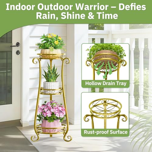 KMOTASUO 3 Tier Metal Plant Stand for Multiple Large Planters Indoor Outdoor Organizer, Heavy Duty Tall Flower Rack for Corner Patio Bathroom Office Corner, Modern Sturdy Vertical Iron Rack, Gold - color: Gold, size: 3 Tier