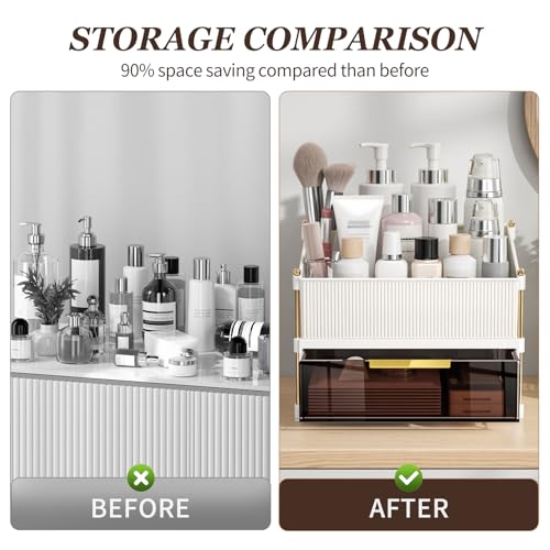 INVSSENE Stackable Makeup Organizer Countertop, Storage Perfume Skincare Cosmetic Lipstick Face Mask Makeup Brush Palettes, Ideal for Vanity Bathroom Counter - color: 3514 White+Coffee