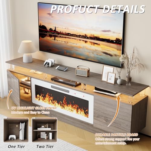 LEMBERI 70" Fireplace TV Stand for TVs up to 80 Inches with White 36'' Electric Fireplace & Remote, Modern Entertainment Center with LED Light,Woodeen TV Console for Living Room, 8 Acrylic Posts, Gray - color: Gray With White Fireplace (Acrylic Posts), si