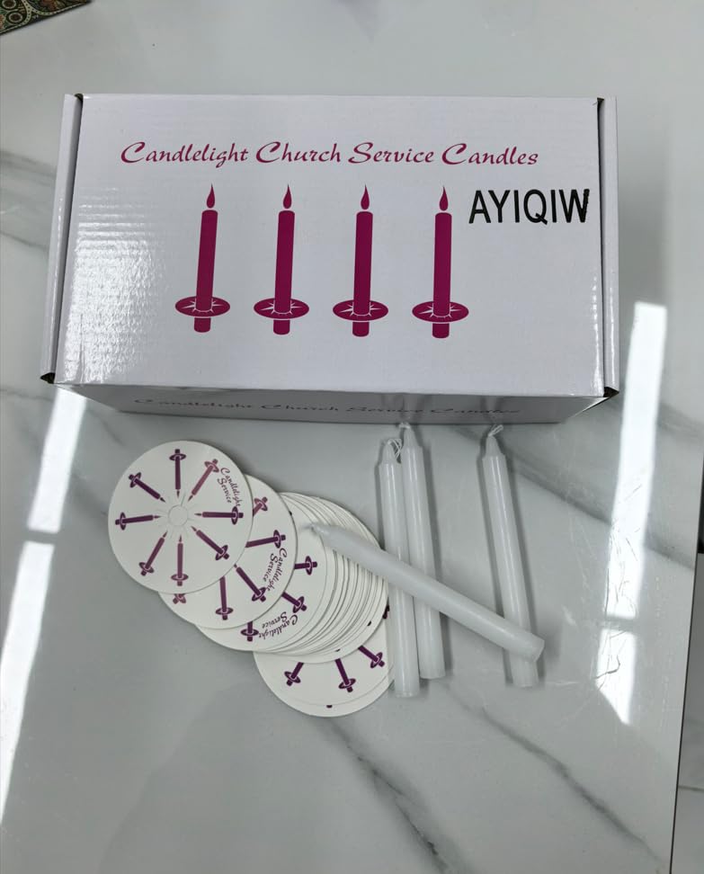 100 pcs Church Candles with Drip Protectors for Devotional Candlelight Vigil Service, Unscented White 5" H X 1/2" D, No Smoke, Shabbat, Praye - color: 100 White Color