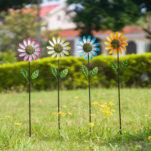 4 Packs Wind Spinner Outdoor, Pinwheels for Yard and Garden, Metal Sunflower Decorative Garden Stakes for Lawn Patio Porch Decor - size: Metal Flowers-4Pack