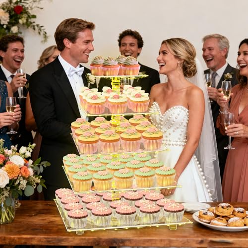 YestBuy 5 Tier Cupcake Stand for 60 Cupcakes,Clear Acrylic Cupcake Tower with Yellow LED Lights and 4.7" Clear Tiers, Perfect for Weddings, Birthdays and Dessert Tables - color: Yellow, size: 5 Tier Square