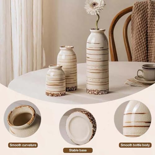 Rustic Ceramic Vase Set of 3 - Beige Rustic Vases for Flowers,Farmhouse Flower Vases for Home Decor,Small Decorative Vase Set for Living Room,Table Shelf,Centerpieces and Fireplace Decorations - color: Beige, size: Set of 3 (8.54 IN, 5.82 IN, 3.93 IN)