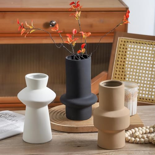 Modern Ceramic Vase Set of 3, 8 inch Simple Geometric Lines Vase for Pampas Grass Dried Fresh Flowers, Home Decor, Bedroom, Living Room, Bookshelf Decoration, Neutral Minimalist Nordic Style - color: 104
